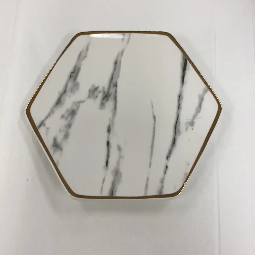 Pier 1 white, grey, and gold Filigree ceramic jewelry catch all‎ dish plate